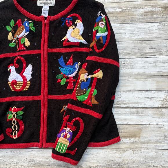 VTG Heirloom Collectables Christmas Sweater PXL Ramie Black Red 12 Days Full Zip - Picture 8 of 11